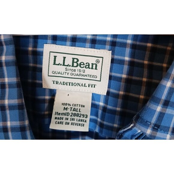 L.L.Bean Mens‎ Long Sleeve Button Down Plaid Shirt Blue Checkered Size M Tall - Picture 4 of 4